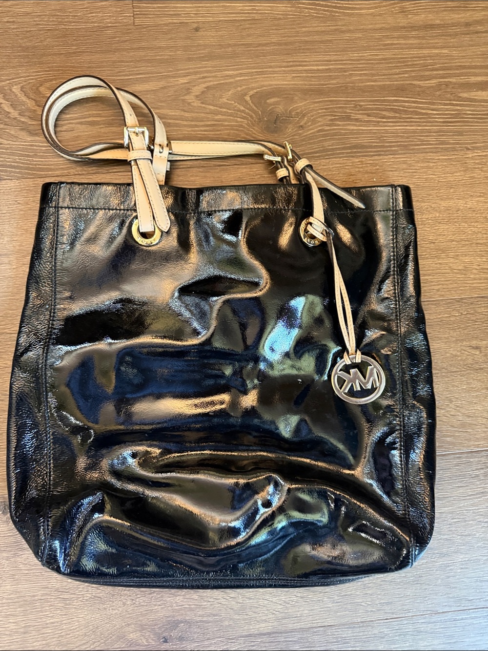 Michael Kors Black Patent Tote with Cream Straps and MK Charm